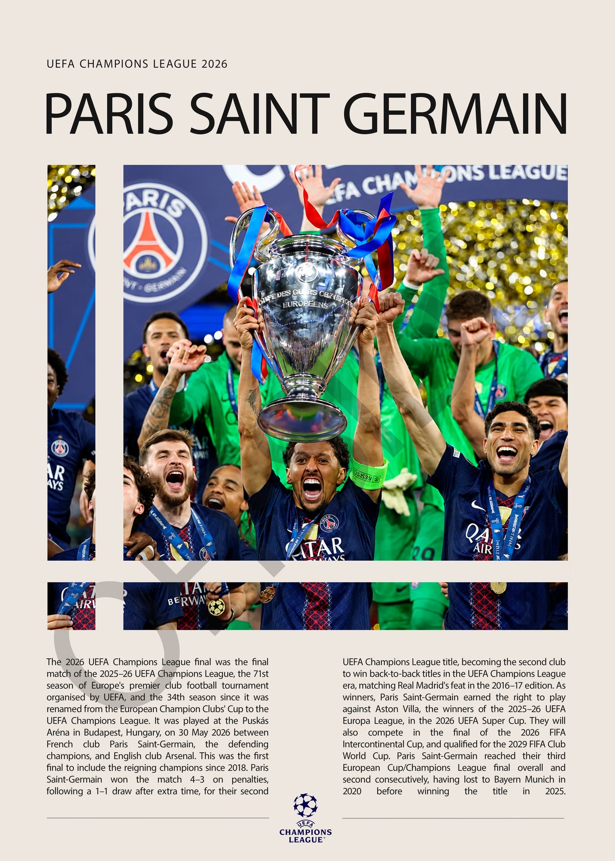 Paris Saint-Germain Campeón Champions League 2026 - detalle del diseño