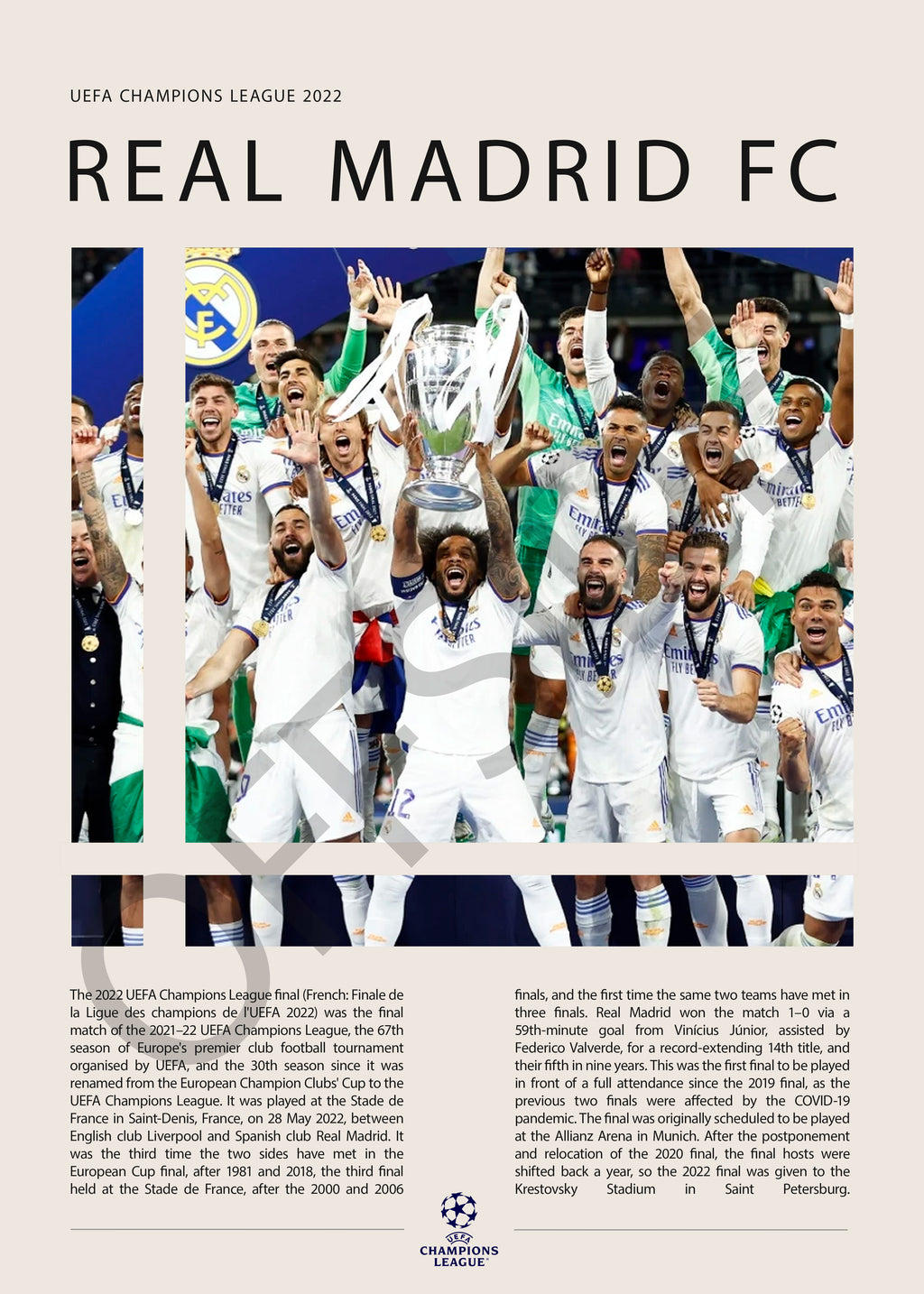 Real Madrid Campeón Champions League 2022 - detalle del diseño